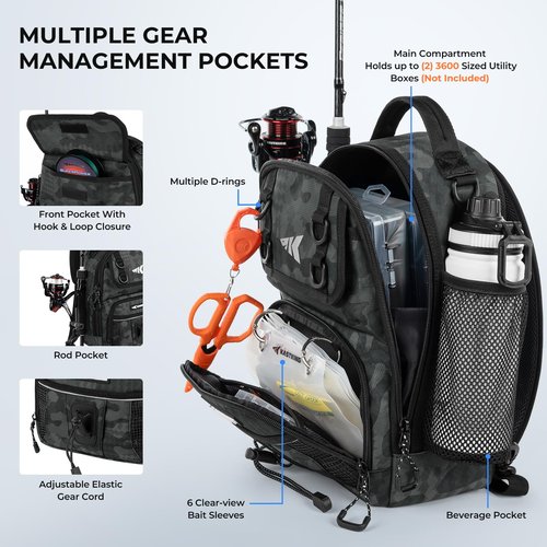 KastKing BaitSpace Standard Fishing Tackle Sling Bag, Water-resistant Backpack & Sling Pack for Bank, Wader & Boat Fishing, Rod & Beverage Holder, Adjustable Straps, Durable Nylon Fabric