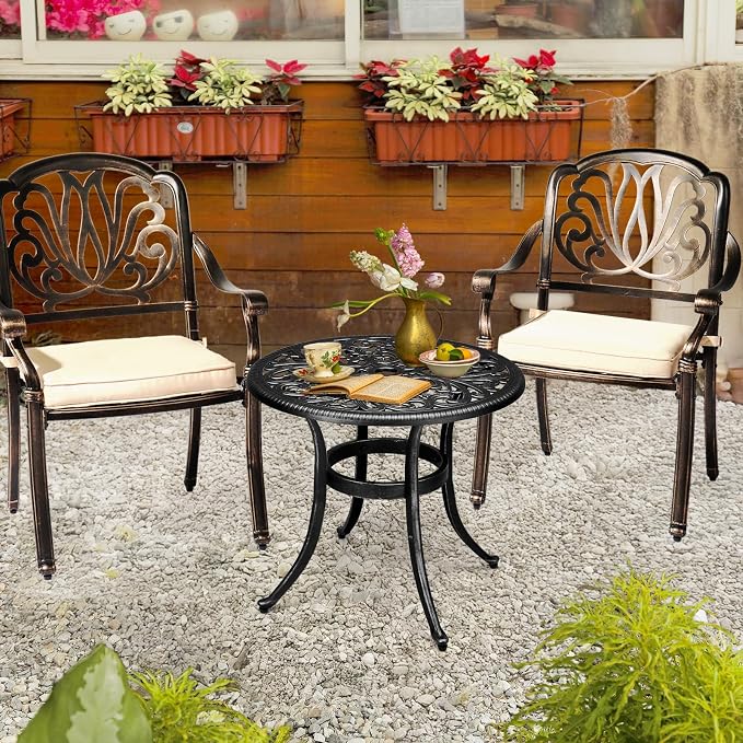 Outvita Patio Side Table, 23.6in Outdoor Round Cast Aluminum Bistro Table with Umbrella Hole and Antique Design for Backyard Porch Pool Balcony Deck Black
