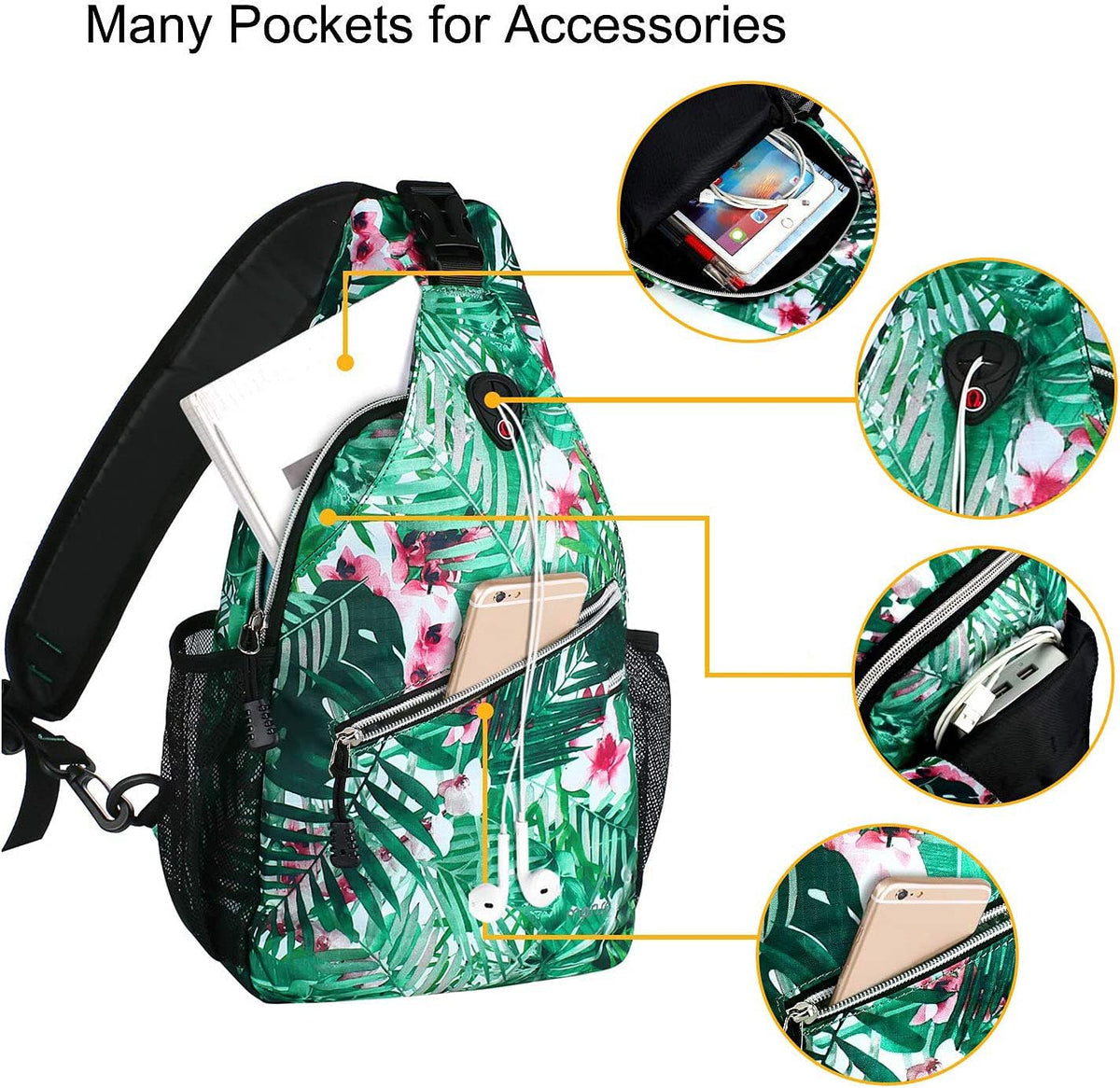 MOSISO Sling Backpack,Travel Hiking Daypack Pattern Rope Crossbody Shoulder Bag, Palm Leaf Flower