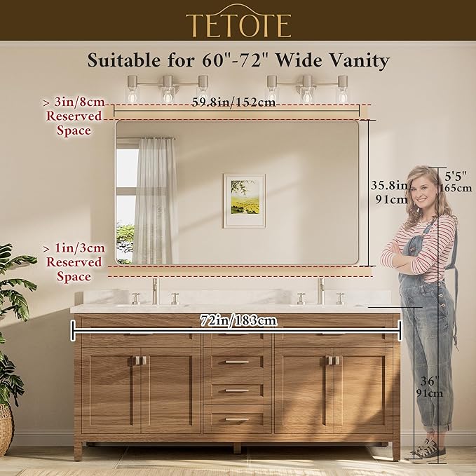 TETOTE 60 x 36 Inch Brushed Nickel Bathroom Mirror