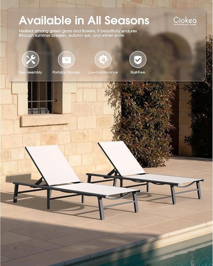 Ciokea Foldable Outdoor Lounge Chair, No Assembly Patio Chaise Lounge Outdoor with 5-Positions, Aluminum Pool Lounge Chair with Portable Design for Pool, Beach, Deck, Backyard, White