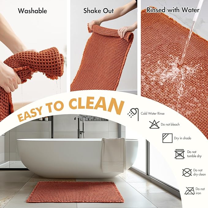 MIULEE Orange Set of 2 Waffle Bathroom Rugs, Boho Bath Rugs Non Slip Washable, Super Absorbent Bath Mats, Ultra Soft Rubber Backed Shower Mats for Bathroom Floor, Tub, 17"x24"+20"x32"