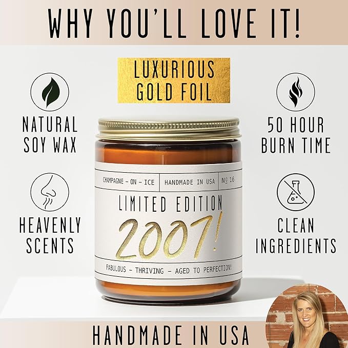 18th Birthday Gifts for Girls - 'Limited Edition 2007' Soy Candle, w/Champagne on Ice I 18 Birthday Gifts for Women I 18th Gift for Her Ideas I 9oz Reusable Jar, 50Hr Burn, Made in USA