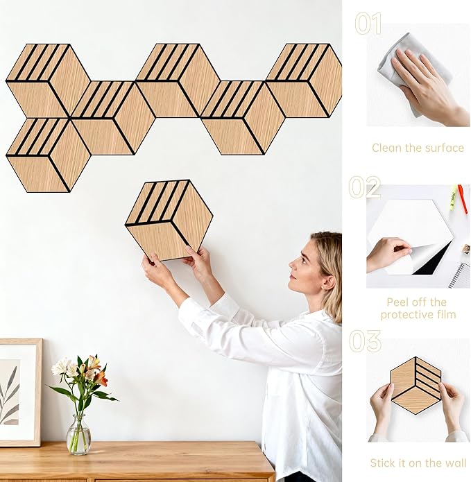 Mollywell Acoustic Panels, PVC Wood-Grain, 14x12 Inch Hexagon Carved Sound