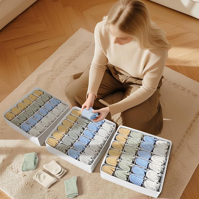Joyoldelf Sock Organizer Drawer Organizer - Underwear Organizer, 24 Cell Collapsible Closet Organizers and Storage Sock Holders Organizers for Storing Socks, Ties, Belts 6 Pack White