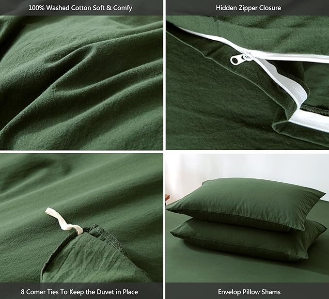 MooMee Bedding Duvet Cover Set 100% Washed Cotton Linen Like Textured Breathable Durable Soft Comfy (Solid Forest Green, Twin 68"x90")