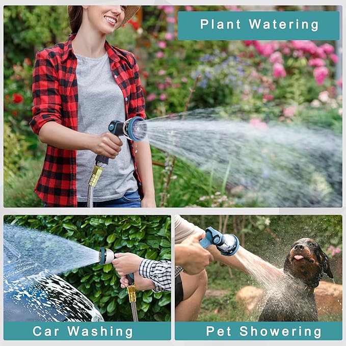 25FT Garden Hose, Stainless Steel Water Hose Flexible with a 10-Mode Nozzle Sprayer, No Kink, Lightweight, Puncture Proof, Ideal for Indoor & Outdoor Light Use, 5/8'' Outside Diameter
