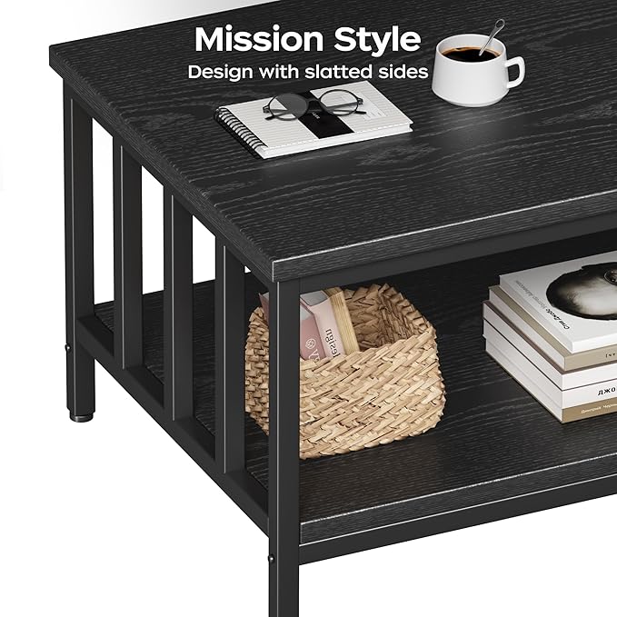 Coffee Table for Living Room with Slatted Sides Frame, Modern Farmhouse Living Room Table with 2-Tier Storage Shelf for Home Office, Apartment, 39 inch, Black