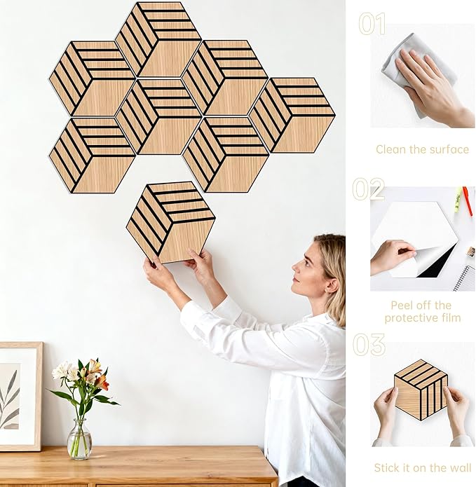 Mollywell Acoustic Panels, PVC Wood-Grain, 14x12 Inch Hexagon Carved Sound