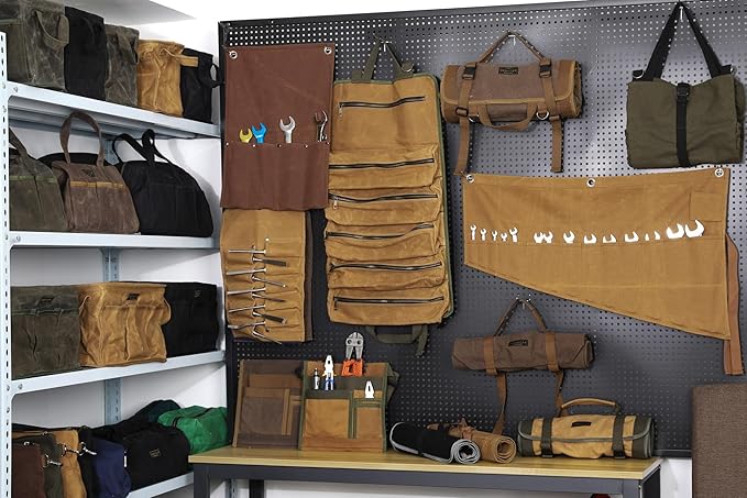Tool Bag for Organizing, Waxed Canvas Wide Open Top Tool Tote Bag with 6 External Pockets, 13.8 x 7.8 x 7.8 Inches (ArmyGreen)