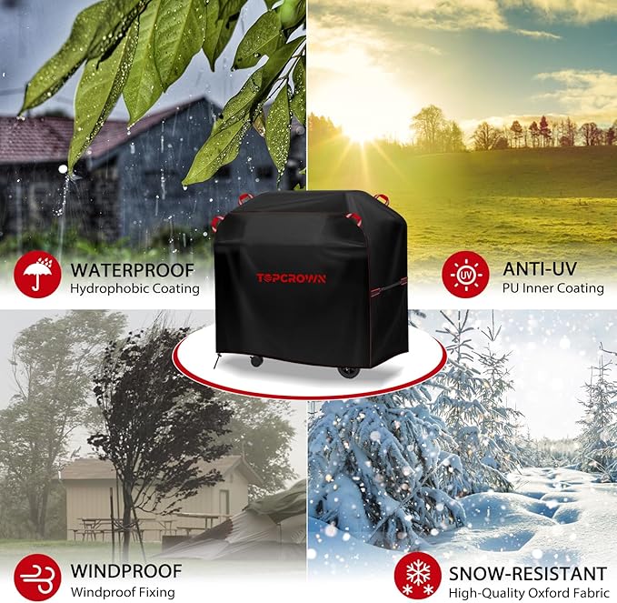 TOPCROWN Grill Cover for Outdoor Grill, BBQ Gas Grill Waterproof Anti-UV Oxford Fabric Windproof Design with Adjustable Straps, Fits Weber/Char-Broil/Nexgrill and More (420D Black+Red, 45" - 48")