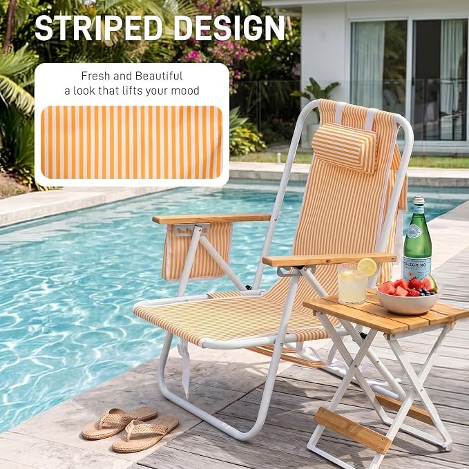 Outvita Folding Beach Chair, 4 Position Adjustable Reclining Lounge Chair with Padded Headrest, Large Rear & Side Storage Pockets, Lightweight Portable Outdoor Chair for Beach Pool Garden BBQ