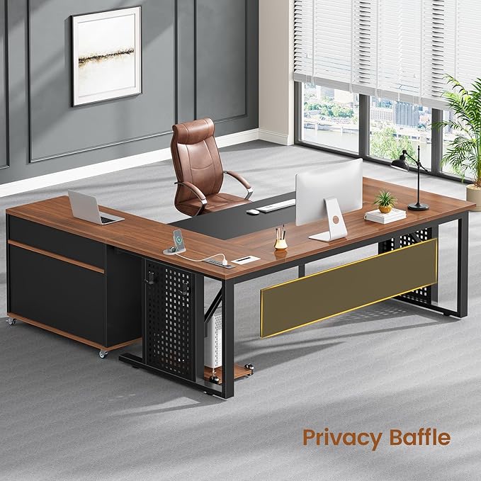 SEDETA 71" Executive Desk with Rolling File Cabinet, Large Office Desk with Drawers, L Shaped Computer Desk with Power Outlets, CPU Stand, Pegboard and Storage Shelves, Brown