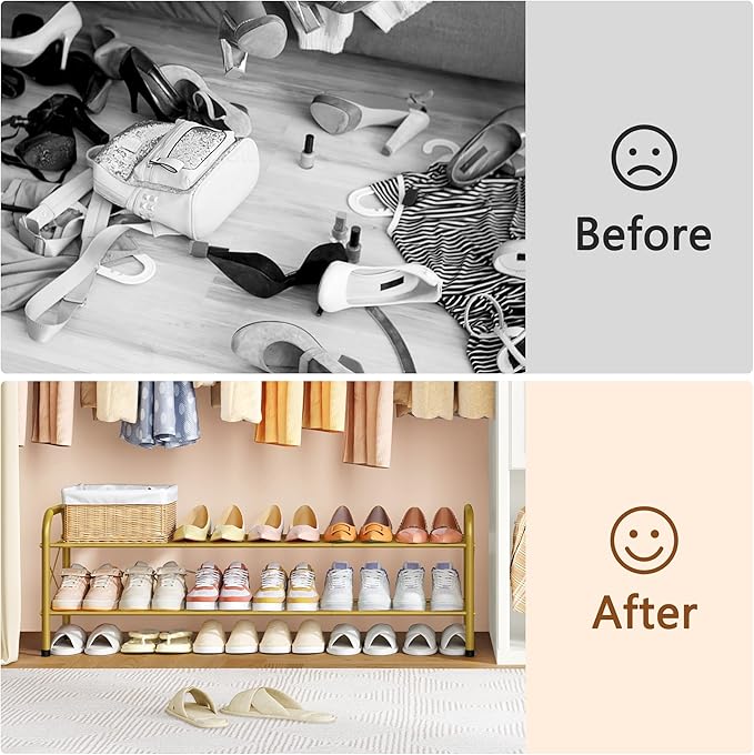 Hoctieon 2 Tier Shoe Rack for Closet, Durable Mesh Style Shoe Rack, Entryway Shoe Shelf, Shoe Storage Organizer for Hallway, Bedroom, Living Room, Wardrobe, Gold