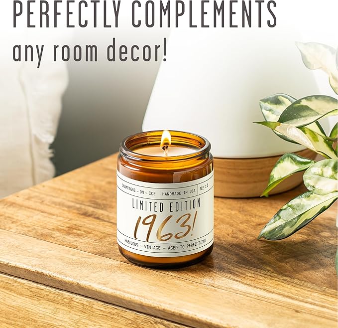 62nd Birthday Gifts for Women - 'Limited Edition 1963' Soy Candle, w/Champagne on Ice I 62 Birthday Gifts for Women I 62nd Gift for Her Ideas I 9oz Reusable Jar, 50Hr Burn, Made in USA