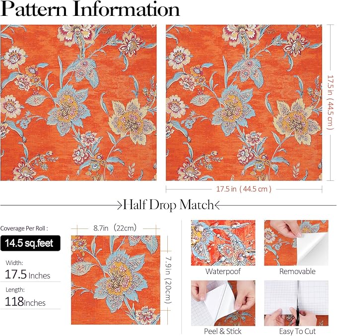 FunStick 17.5"x118" Vintage Floral Peel and Stick Wallpaper Orange Red Wall