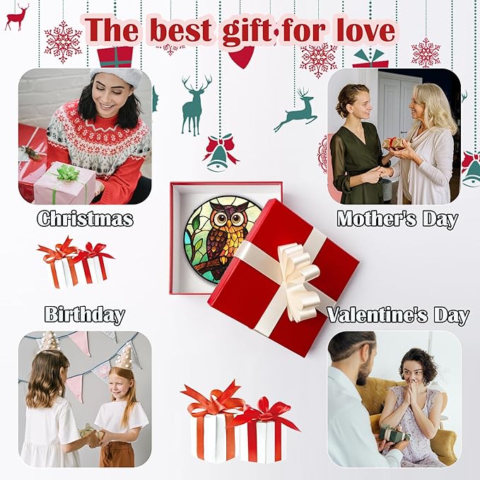 Stained Glass Window Hanging - Owl on a Branch Suncatcher for Doors Window Home Orange Brown Sun Catchers Decor Christmas Mother's Day Birthday Gifts for Teacher Women Men Mom Nana 15 in