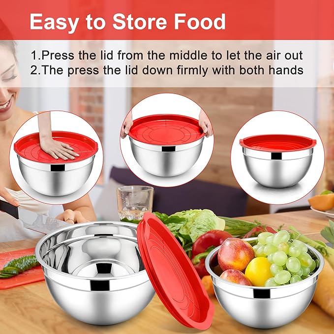 E-far Mixing Bowls with Lids, 6-Piece Stainless Steel Salad Bowls Metal Nesting Bowls for Baking Cooking and Prepping, Airtight Lids & Stackable Design, Size 4.5, 3, 1.5 QT (Red)