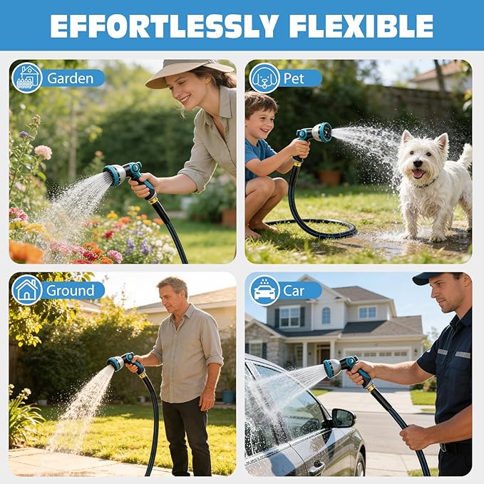 Halfjuly Garden Hose 75FT, Flat Non-Expandable Lightweight Water Hose, Durable Flexible Heavy Duty No Kink Design with 3/4" Fittings, 10 Way Spray Nozzle for Outdoor Yard Lawn