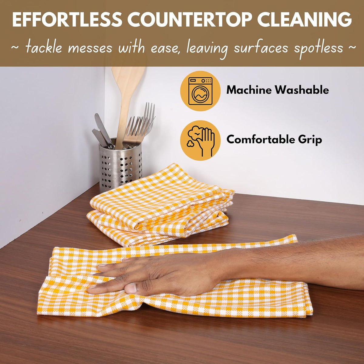 Native Fab 6 Pack Gingham Mini Check Kitchen Hand Towels Set - 100% Cotton Absorbent Reusable Washable 16"x26" - Quick Drying Dish Towels with Hanging Loops for Kitchen, Yellow White