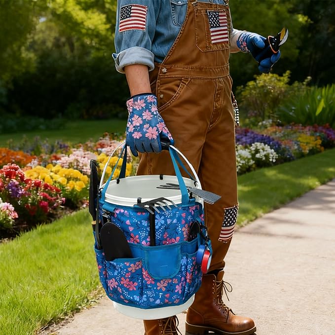 KUNN Bucket Organizer 5 Gallon 18-Pocket Tool Bucket Bag with 6 Hooks, Gardening Tool Holder Caddy for Gardeners, Outdoor Yard Work, Soil Plant Flower Gardening Accessories with Grip Pad, Blue