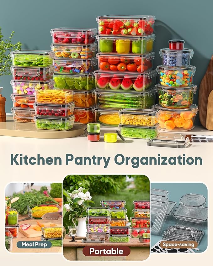 60 PCS Food Storage Containers with Lids Airtight, Total 718oz Leakproof Containers Set for Kitchen Storage, Meal Prep, Reusable Plastic, Microwave/Dishwasher Safe, Extra Labels & Pen