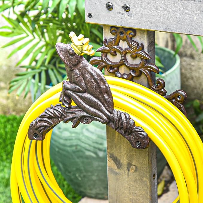 Sungmor Heavy Duty Cast Iron Garden Hose Holder | Water Hose Hanger Wall Mounted | Decorative Indoor Outdoor Hose Rack Reel | 50FT 75FT 100FT Water Hose Bulter Storage | Lovely Frog Metal Hose Stand