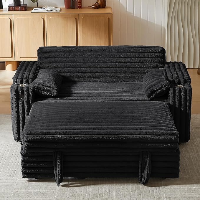 68" Corduroy Convertible Sofa Bed with USB, Storage Armrests & Pillows – 3-in-1 Foldable Sleeper Chair Floor Couch for Living Room, Bedroom, Guest Room (ZY-1109-Black)