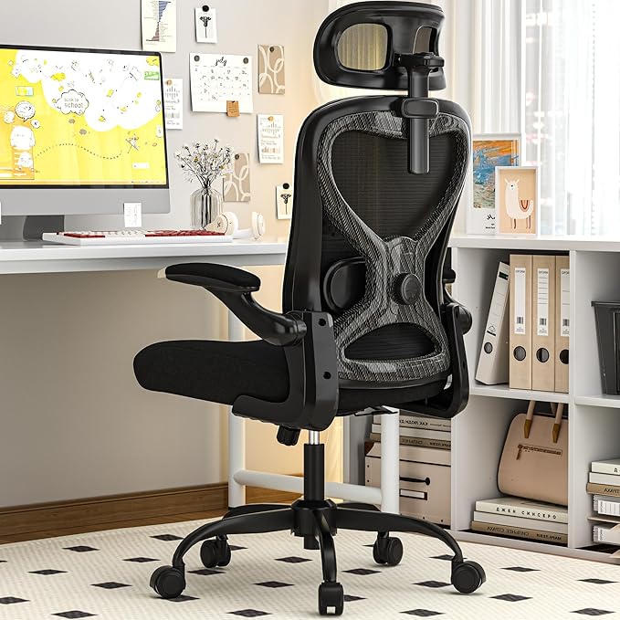Office Chair for Back & Neck Pain Relief, Virgin Foam Seat, 2D Adjustable Lumbar & 3D Headrest, Flip-Up Armrests, Tilt & Rock for Relaxation, Black/Carbon Fiber