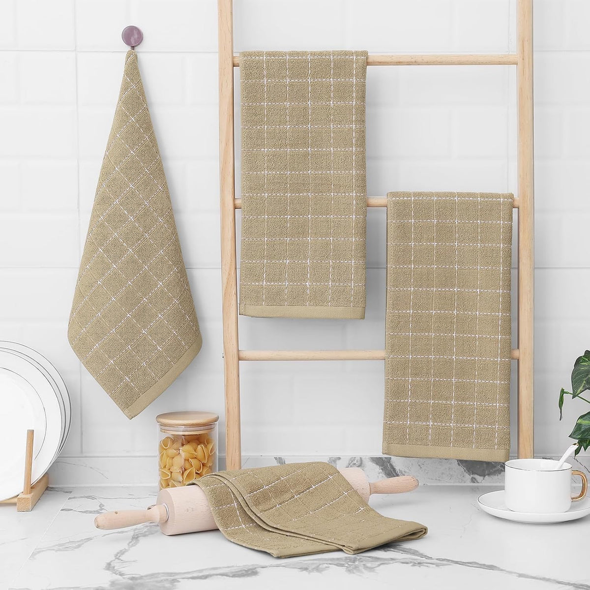 Homaxy 100% Cotton Terry Kitchen Towels(Tan, 13 x 28 inches), Checkered Designed, Soft and Super Absorbent Dish Towels, 8 Pack