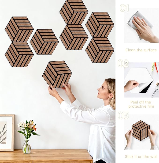 Mollywell Acoustic Panels, PVC Wood-Grain, 14x12 Inch Hexagon Carved Sound