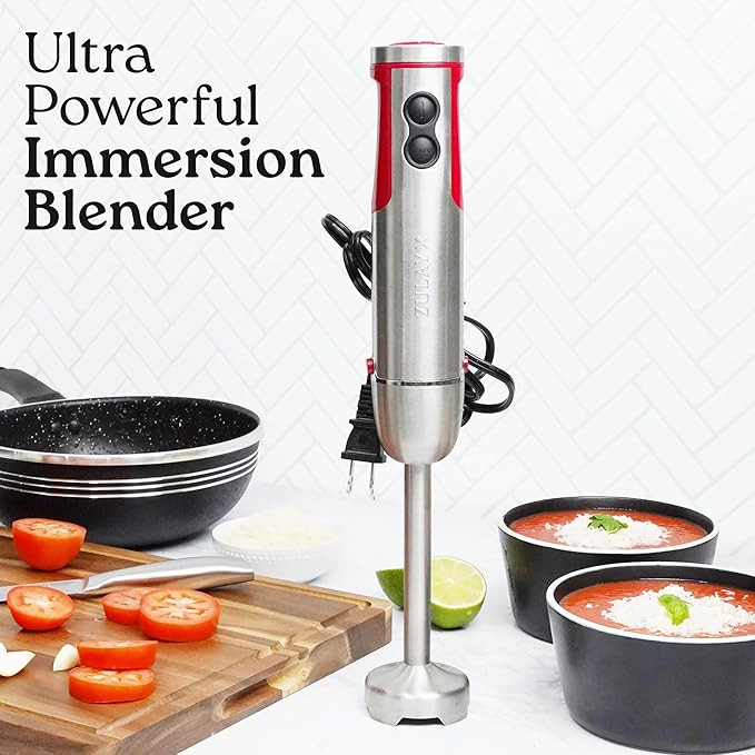 Zulay 4-in-1 Immersion Stick Mixer Hand Blender - 800 Watts, 12 Speeds, 5-ft Power Electric Cord, Handheld Portable, Stainless Steel Blades - With Whisk, Frother & Stick Blender Attachments - Red