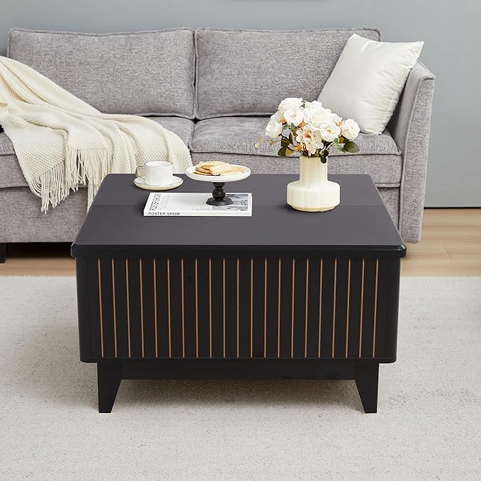 Lift Top Coffee Table, Square Coffee Table with Hidden Storage Compartment, Farmhouse Wood Center Table Dining Table for Living Room, Bedroom, Home Office (Black)