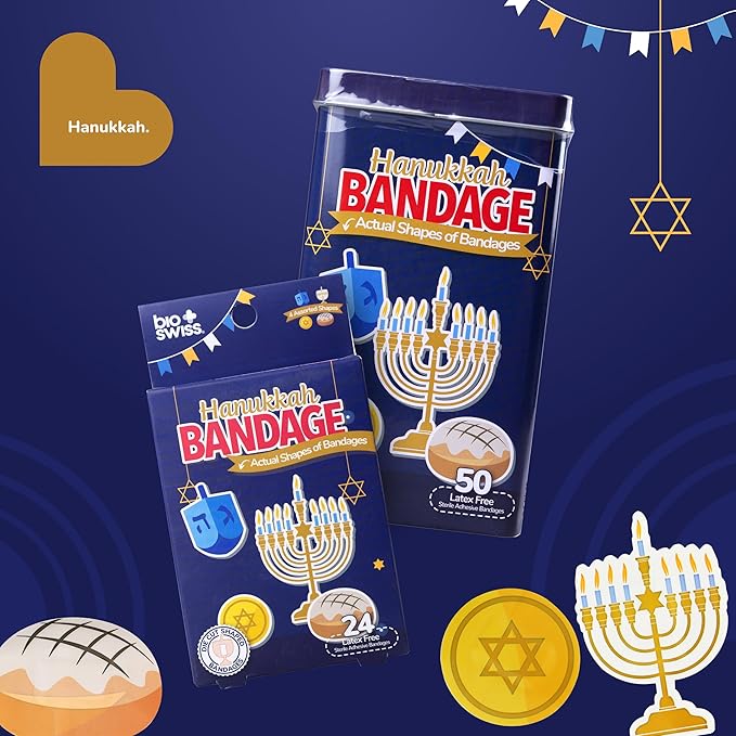 BioSwiss Kids Bandages, Hanukkah Shaped Self Adhesive Bandage Set, Latex Free, Sterile Wound Care, 24 Count