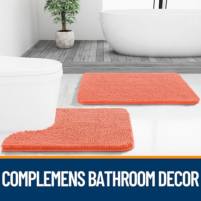 OLANLY Bathroom Rugs 36x24, Extra Soft Absorbent Chenille Bath Rugs, Rubber Backing Quick Dry, Machine Washable Bath Mats for Bathroom Floor, Tub and Shower, Home Decor Accessories, Coral