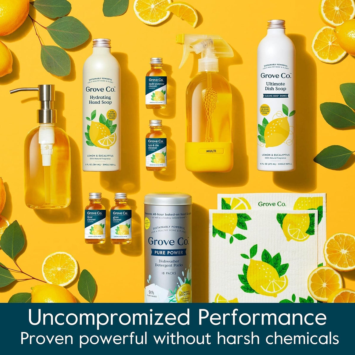 Grove Co. Tub and Tile Cleaner, Refill Concentrate (6 x 1 Fl Oz) Plant-Based Household Cleaning Supplies, No Plastic Waste, 100% Natural Lemon & Eucalyptus Fragrance, 3 x 2 Pack Refills