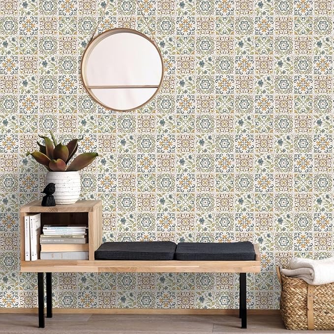 Wudnaye Bohemian Wallpaper Peel and Stick Faux Tile Contact Paper 17”×196” Tile