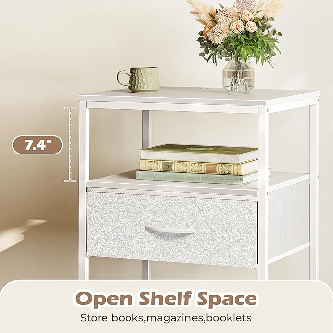 SUPERJARE Nightstand with Charging Station, White Night Stand with Adjustable Drawers, 17.7 Inches Wider Side Table for Bedroom, 3-Tier Storage End Table with Open Shelf, PU Leather Surface
