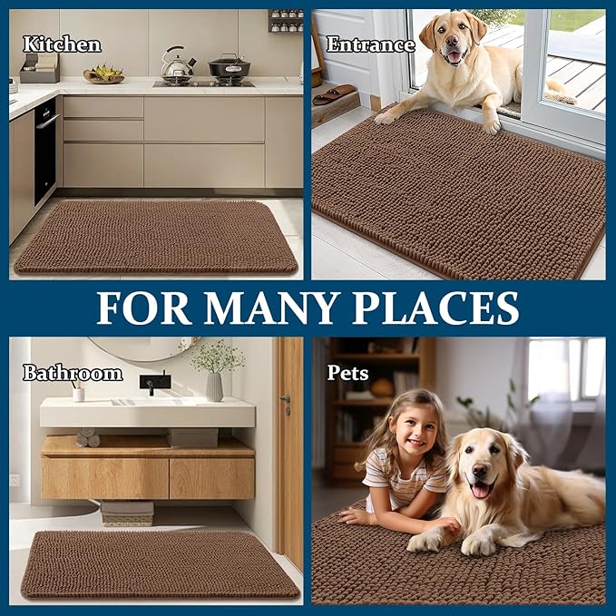 OLANLY Dog Door Mat for Muddy Paws 45x27, Absorbs Moisture and Dirt, Absorbent Non-Slip Washable Doormat, Quick Dry Chenille Mud Mat for Dogs, Entry Indoor Entryway Carpet for Inside Floor, Mocha