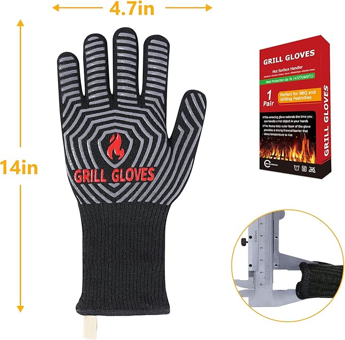 QUWIN BBQ Gloves, Oven Gloves 1472℉ Extreme Heat Resistant, Grilling Gloves Silicone Non-Slip Oven Mitts, Kitchen Gloves for BBQ, Grilling, Cooking, Baking-1 Pair… (Black, One Size(Long Cuff))