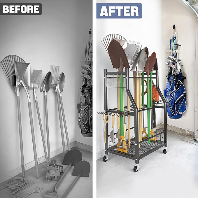 WALMANN Garden Tool Organizer with Wheels for Garage, Rakes/Shovels/Yard Tools Storage Stand for Garden, Shed, Indoor/Outdoor Long-Handled Tools Rolling Cart