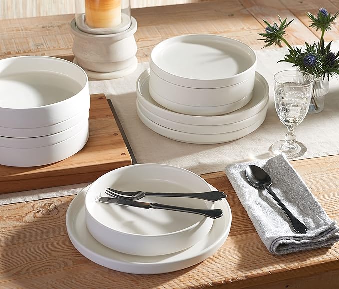 222 Fifth Kaden 12-Piece Modern White Porcelain Dinnerware Set – Service for 4, Plate & Bowl Set, Contemporary Design, for Everyday Dining & Entertainment, Microwave & Dishwasher Safe