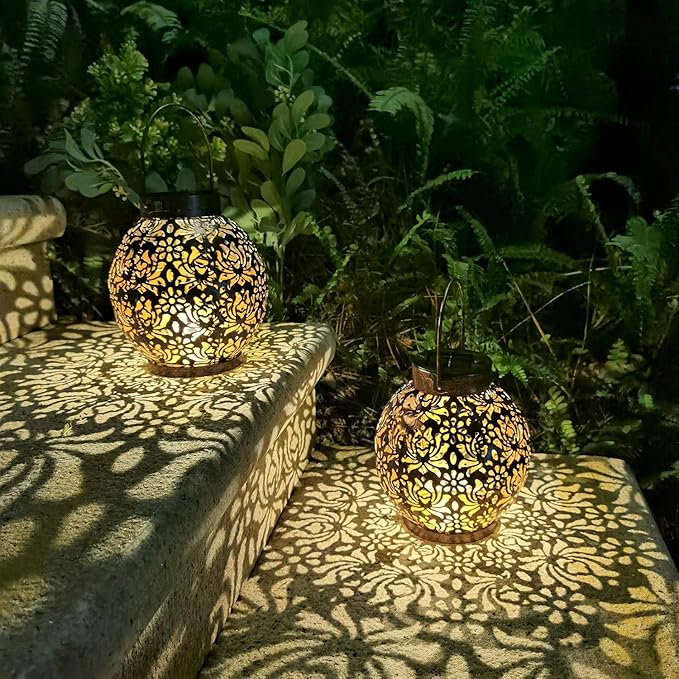 Outdoor Solar Hanging Lantern Lights Metal LED Decorative Lamp for Garden Patio Courtyard Lawn and Table with Hollowed-Out Design (Bronze)