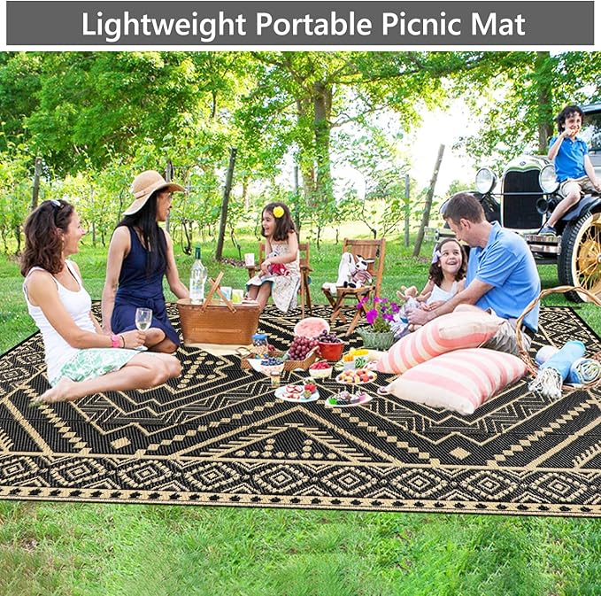 Waterproof Outdoor Rug 8x10 ft, Reversible Plastic Straw Mat, Large Floor Mat for Patio, Camping, Picnic, Backyard RV, Deck, Black