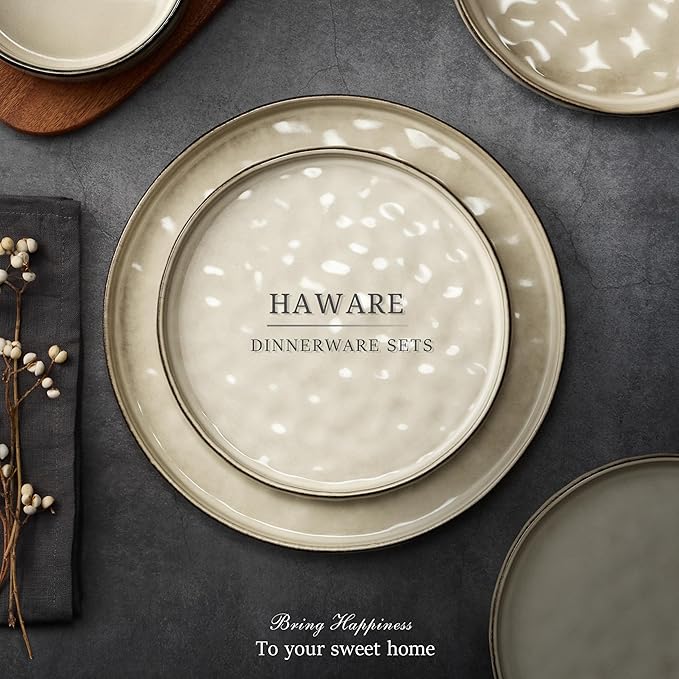 HaWare Dinnerware Sets, 12-Piece Plates and Bowls Set, Stoneware Dish Set for 4, Ceramic Dinnerware for Home Restaurant, Chip and Scratch Resistant, Microwave and Dishwasher Safe, Saturn Khaki