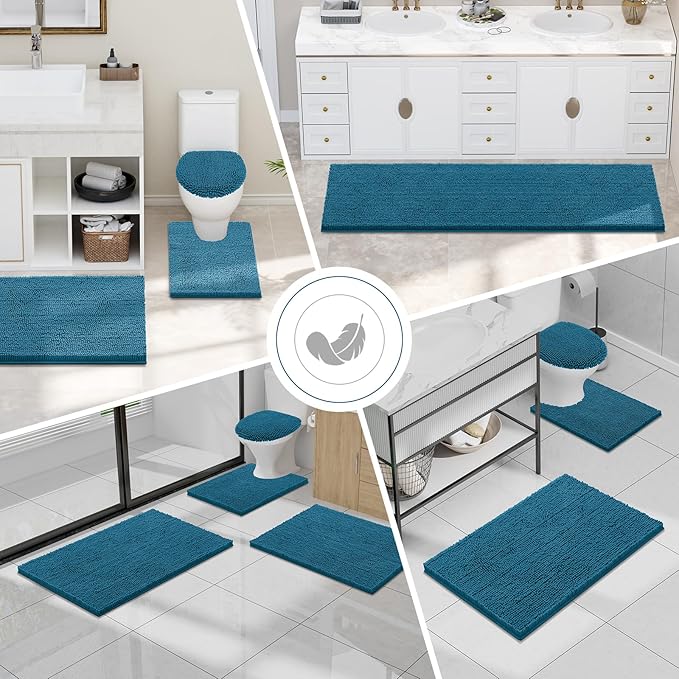 Smiry Luxury Chenille Toilet Rugs U-Shaped 20x20, Soft Absorbent Non-Slip Contour Bathroom Rugs for Toilet, Machine Washable Contoured Bath Mats, Peacock Blue