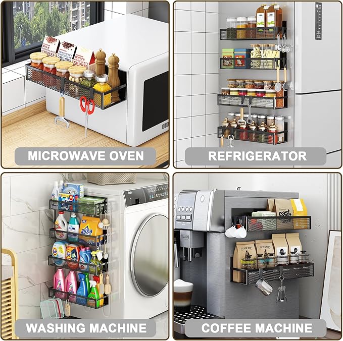 Magnetic Spice Rack for Refrigerator, 6 Pack Magnetic Shelf, Fridge Magnet Organizer with Moveable 12 Hooks, Magnetic Fridge Shelf for Kitchen Organization and Storage (6 Pack)
