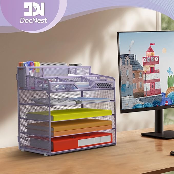 Docnest 5 Tier Mesh Desk Organizer for Paper Office Supplies – Multi-Functional Letter Tray with 5 Adjustable Compartments, 3 Pen Holders, Desktop Storage for Files, Mail, Stationery – Purple