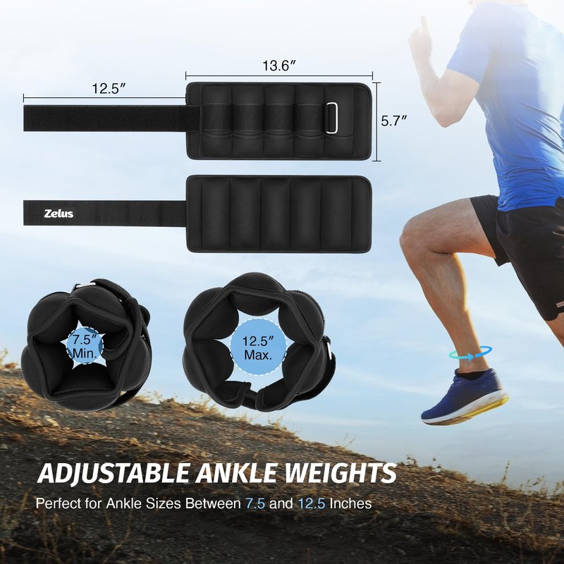 ZELUS 1 Pair Adjustable Ankle Weights, 2 4 6 8 10 lb Modularized Leg Weight Straps for Women Men, Weighted Ankle Weight Set with Removable Sandbags, 1-5 lb per Ankle Strap for Gym Yoga Jogging Walking