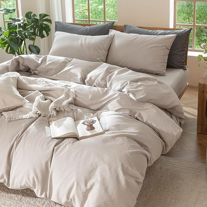 MooMee Bedding Duvet Cover Set 100% Washed Cotton Linen Like Textured Breathable Durable Soft Comfy (Solid Light Tan, Oversized King Plus 128"x120")